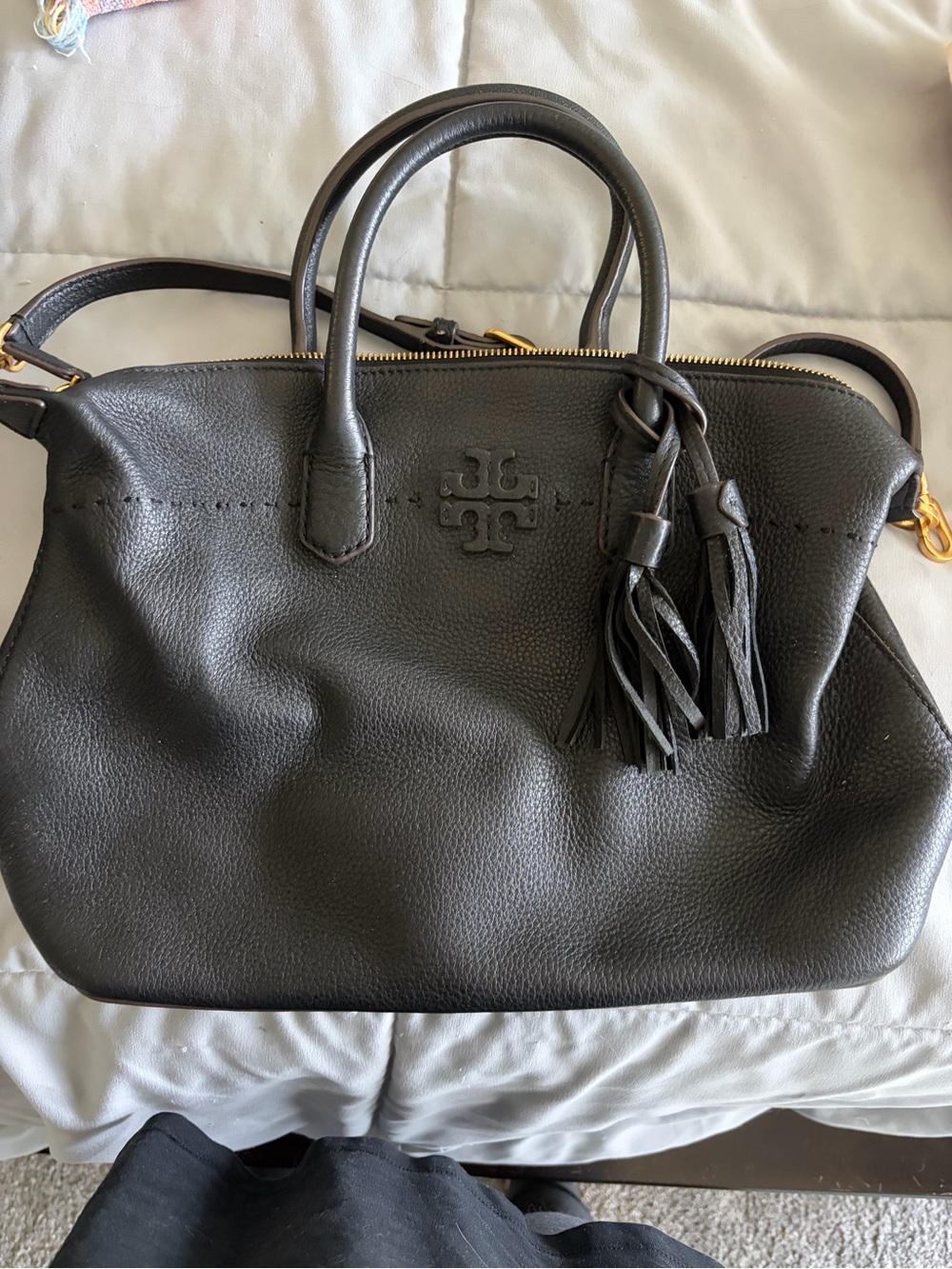Tory Burch Black Pebbled Leather Tassel Satchel